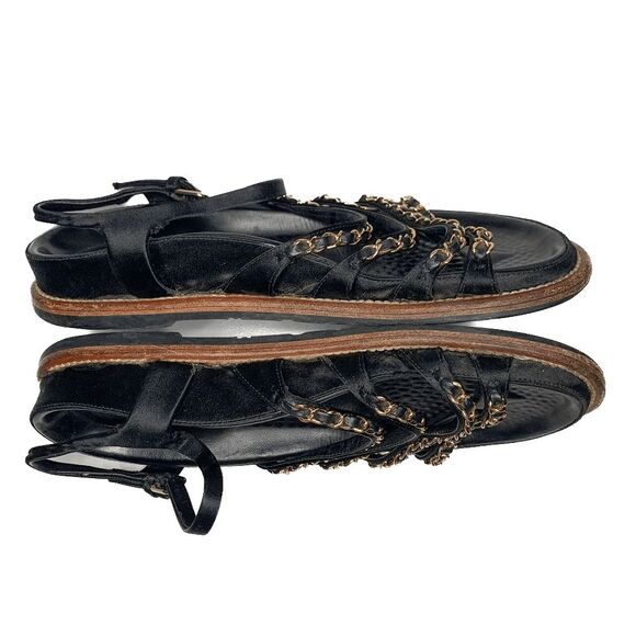 Chanel Interlocking CC Satin Chain Flat Dad Sandals EU 38.5 US 7.5-8 Black Gold - Picture 9 of 12